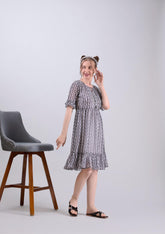 Multicolor Poly Georgette Round Neck Tie Up Printed Dress